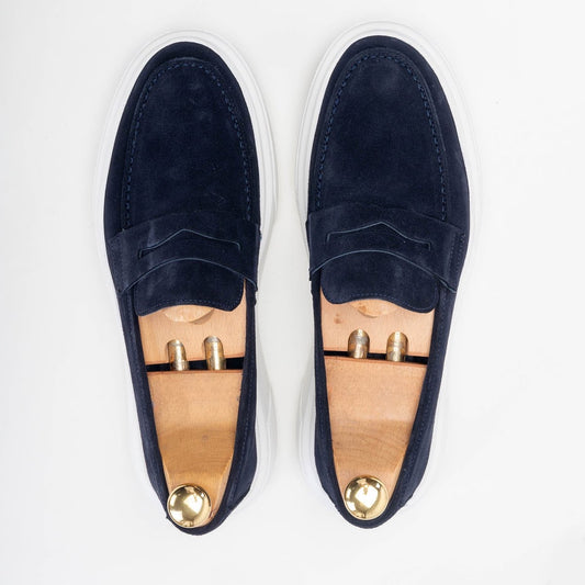 Mocassin Urbain en Suède Bleu Marine avec Semelle Blanche