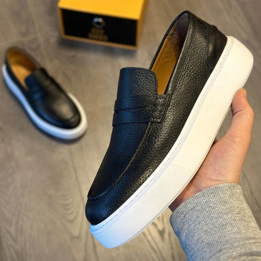 Chaussures Casual en Cuir Noir Véritable à Semelle Blanche pour Homme